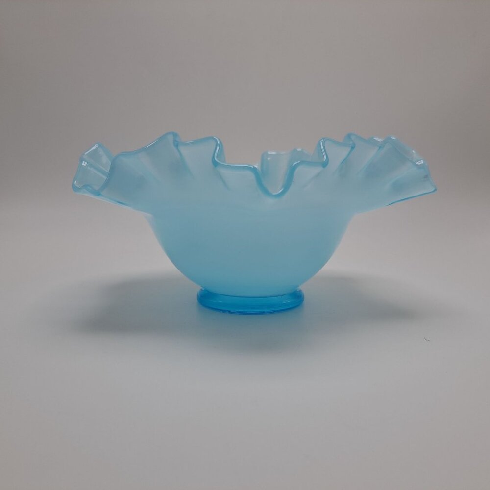 Fenton Blue Glass Bowl With Ruffled Crimped Edge